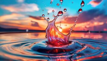 Close-up shot of mesmerizing colliding droplets creating a beautiful visual impact. The collision creates a stunning and dynamic array of vibrant colors and shapes photo