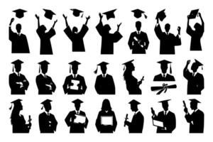 Graduation silhouette ideal for educational materials, celebration invitations, and academic themed designs. Capture the achievement and excitement of graduation with this elegant, versatile graphic. vector