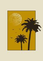 Sunset with the palms tree on beige background. Minimalist Miami beach landscape. Aesthetic 2d artwork vector