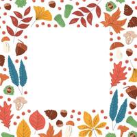 Square frame concept with different foliage. Borders full of cute autumn leaves with copy space. Various colorful fall fruitage and tree elements. Seasonal hand drawn flat illustration isolated vector