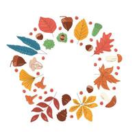 Autumn leaves round composition. Different fruitage and tree elements concept design isolated on white. Circle frame template with foliage. Fall hand drawn flat illustration with copy space vector