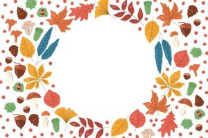 Rectangular template with various leaves. Round shaped place for information and text in the middle. Banner with fall foliage elements. Autumn hand drawn flat illustration with copy space vector