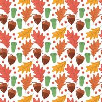 Autumn illustration of oak leaves and acorns. Seamless pattern of fall related elements in hand drawn flat style. Forest fruitage isolated on white. Cozy warm season repeating background design vector