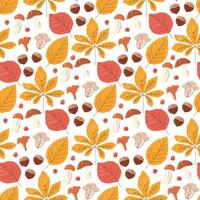 Autumn foliage seamless pattern. Different fall leaves, chestnut and mushrooms. Forest element wallpaper design. Cozy and warm season vibes print. Hand drawn flat illustration isolated on white vector