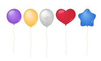 Different balloons isolated illustrations. Various festive helium balloons decorated flat elements for Birthday, parties, events and other celebrations designs. Round, heart, star vector