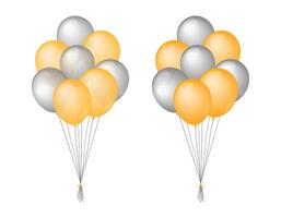 Golden and silver balloons bunch isolated. illustration. Decorative flat elements for Birthday, party, event and other celebration designs. Metallic colored festive helium balloons tied up vector