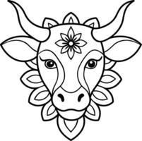 kids friendly bull coloring page simple line art cute cow head with flower mandala design pattern minimal line art kdp coloring interior vector