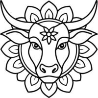 kids friendly bull coloring page simple line art cute cow head with flower mandala design pattern minimal line art kdp coloring interior vector
