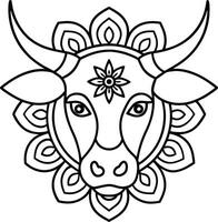 kids friendly bull coloring page simple line art cute cow head with flower mandala design pattern minimal line art kdp coloring interior vector