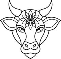 kids friendly bull coloring page simple line art cute cow head with flower mandala design pattern minimal line art kdp coloring interior vector
