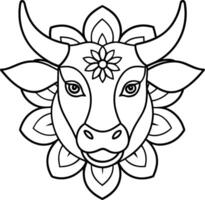 kids friendly bull coloring page simple line art cute cow head with flower mandala design pattern minimal line art kdp coloring interior vector
