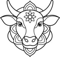 kids friendly bull coloring page simple line art cute cow head with flower mandala design pattern minimal line art kdp coloring interior vector
