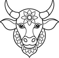 kids friendly bull coloring page simple line art cute cow head with flower mandala design pattern minimal line art kdp coloring interior vector