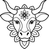kids friendly bull coloring page simple line art cute cow head with flower mandala design pattern minimal line art kdp coloring interior vector