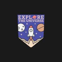 outer space illustration line art label or badge, design is suitable for t shirt, sticker or other printing need vector