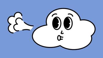 White cloud character with cartoon funny faces. Groovy sticker with Sky symbols. Weather icon. Emoji expression. Retro illustration on blue background vector