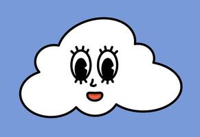 White cloud character with cartoon funny faces. Groovy sticker with Sky symbols. Weather icon. Emoji expression. Retro illustration on blue background vector