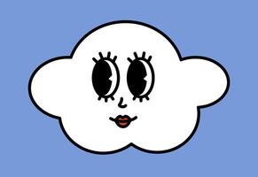 White cloud character with cartoon funny faces. Groovy sticker with Sky symbols. Weather icon. Emoji expression. Retro illustration on blue background vector