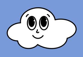 White cloud character with cartoon funny faces. Groovy sticker with Sky symbols. Weather icon. Emoji expression. Retro illustration on blue background vector