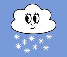 White snow cloud character with cartoon funny faces. Groovy sticker with Sky symbols. Weather icon. Emoji expression. Retro illustration on blue background vector
