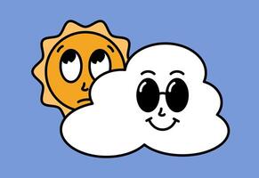 White cloud and sun characters with cartoon funny faces. Groovy sticker with Sky symbols. Weather icon. Emoji expression. Retro illustration on blue background vector
