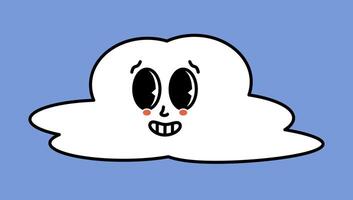 White cloud character with cartoon funny faces. Groovy sticker with Sky symbols. Weather icon. Emoji expression. Retro illustration on blue background vector