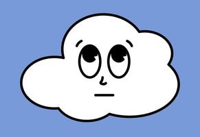 White cloud character with cartoon funny faces. Groovy sticker with Sky symbols. Weather icon. Emoji expression. Retro illustration on blue background vector
