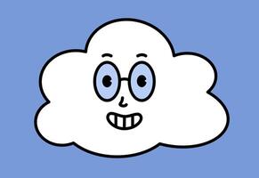 White cloud character with cartoon funny faces. Groovy sticker with Sky symbols. Weather icon. Emoji expression. Retro illustration on blue background vector