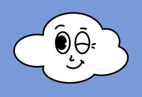 White cloud character with cartoon funny faces. Groovy sticker with Sky symbols. Weather icon. Emoji expression. Retro illustration on blue background vector