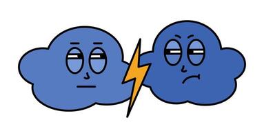 Storm clouds characters with cartoon squinted faces. Groovy sticker with Thunder and lightning symbol. Weather icon. Emoji expression. Retro illustration on white background vector