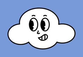 White cloud character with cartoon funny faces. Groovy sticker with Sky symbols. Weather icon. Emoji expression. Retro illustration on blue background vector