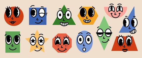 Set funny cartoon basic Geometric Figures with face emotions. Different shapes. Comic elements in trendy retro cartoon style. illustration vector
