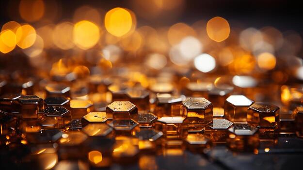 Vibrant hexagon and circle bokeh lights in neon gold, with a pronounced depth of field, Generated AI photo