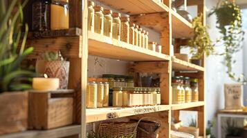 Rustic wooden partitions on an empty market shelf, highlighted by natural light, minimalist style, Generated AI photo