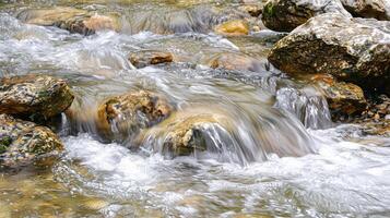 Calming rhythms captured in the clear water of a gently flowing mountain stream, showcasing serene natural beauty, Generated AI photo