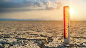 A thermometer indicating rising temperatures in a desolate landscape, highlighting global warming and the increase in global temperatures, Generated AI photo