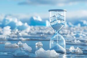An hourglass containing melting ice cubes instead of sand, symbolizing global warming and polar ice melt, Generated AI photo