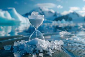 An hourglass filled with melting ice cubes in place of sand, representing global warming and the melting of polar ice, Generated AI photo