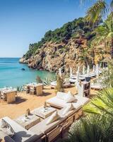 Scenic Beachside Lounge. Relaxing beachside lounge with tables and seating, overlooking a stunning coastal cliff. photo