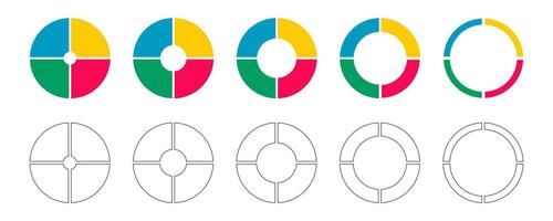 Donut charts, pies segmented on 4 equal parts. Infographic multicolored set. Circle graphs divided in four sections. Pie chart round icons. Wheel life diagram coaching tool. vector