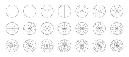 Pie chart template. Segmented charts. Sectors divide the circle on equal parts. Coaching blank. Outline black graphics. Set of pizza, pie charts. Segments infographic. Diagram wheel parts from 1 to 21 vector