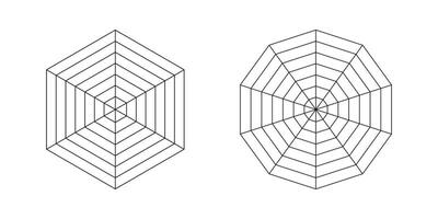 Radar, spider diagram template. Spider web chart, mesh. Hexagon, decagon, polygon statistics graph. Diagram for statistic and analytic. Blank radar charts. Coaching tool. Segmented grid. vector