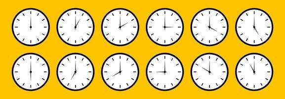 Clock icons set. Round clocks faces with different time. Time graphic symbol. Watch face flat illustration. vector