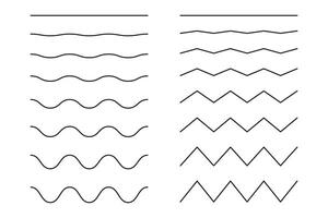 Wavy, curvy, zigzag lines set. Undulate borders, transverse horizontal line. Sine, ripple, fluid, air, wind signs. Water, river, lake, sea, ocean symbol, template. Black pattern stroke. vector