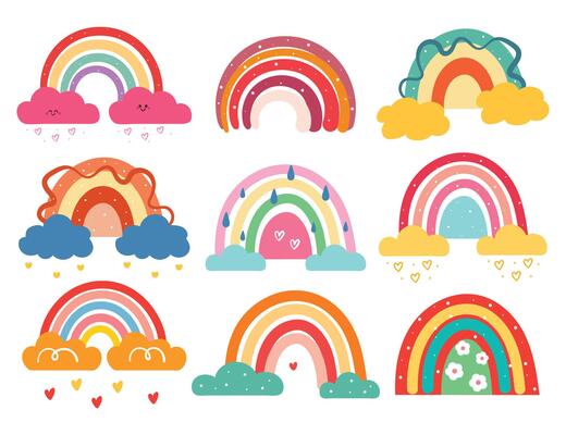 hand drawing cartoon boho rainbow. cute sky element sticker set. cute sticker, doodle set