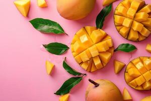 ripe whole and cutting mango fruits and leaves on pink background, top view template with copy space photo
