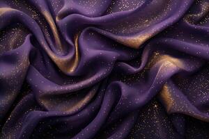 Abstract dark violet shiny satin silk fabric textured textile background with golden sparkles photo