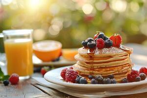closeup of stack of delicious fresh pancakes with berries and syrup on the table with a glass of juice photo