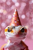 vertical image cute gecko in a party hat on pink bokeh background. Birthday celebration concept photo