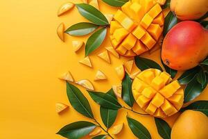 ripe whole and cutting mango fruits and leaves on yellow background, top view template with copy space photo
